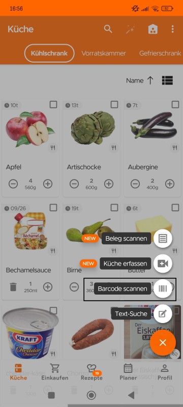 Kitchen page with Scan Barcode option
